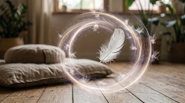 Floating feather in a magical circle of light