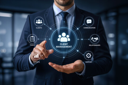 Client management digital interface with businessman presenting client relationship, communication, tasks, reports and support concept for CRM software and customer success platform