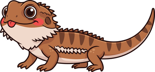 Cute cartoon illustration of a happy bearded dragon lizard with its tongue out isolated on a white background © Romana