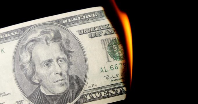 A twenty dollar bill is burning from one corner until it is completely consumed by fire and ash on black background. Concept of inflation and loss now