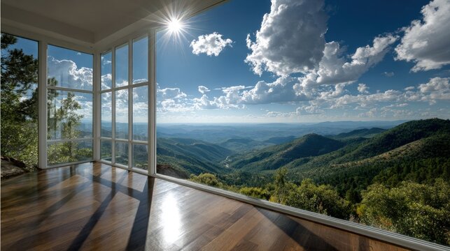 Sunlit empty interior with floor to ceiling mountain view windows