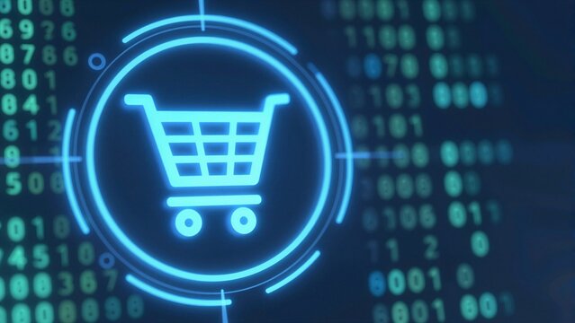 Glowing blue shopping cart icon on digital background with binary code, representing e-commerce and online buying.