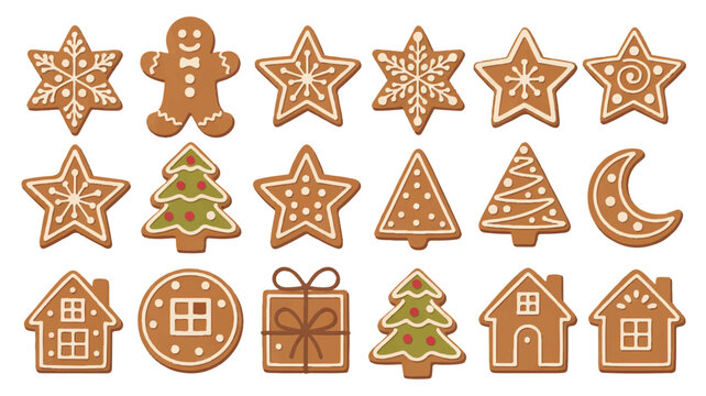 Assorted gingerbread Christmas cookies on white background