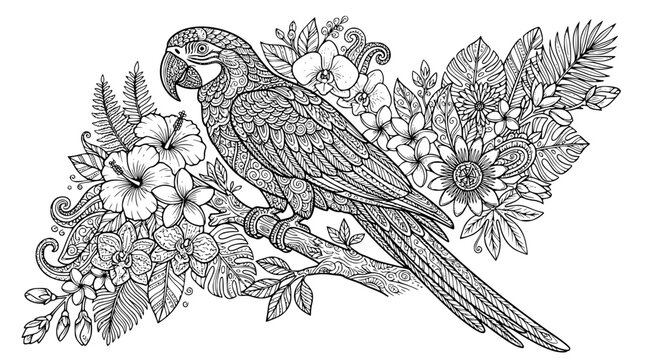 Hand drawn macaw parrot with floral arrangement zentangle coloring illustration decorative bird antistress vector