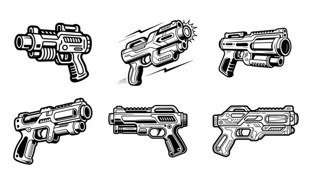 Set of toy nerf gun vector in black and white silhouette illustration on transparent background