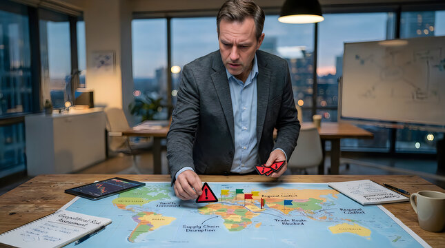 Businessman Assessing Global Geopolitical Risks on Map in Office