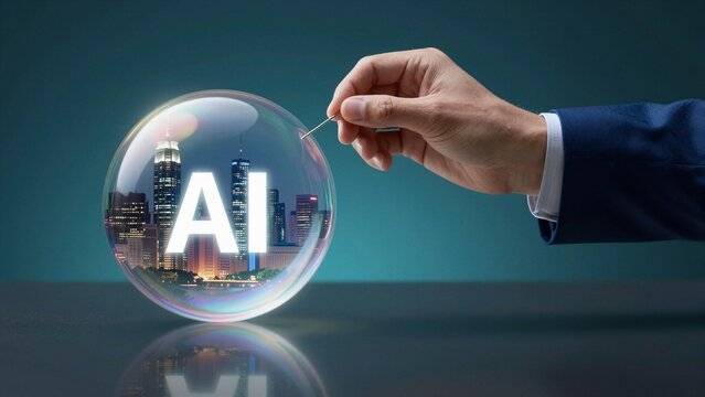 A businessman's hand holds a needle poised to burst a bubble containing an AI cityscape, symbolizing the fragility of technological growth.