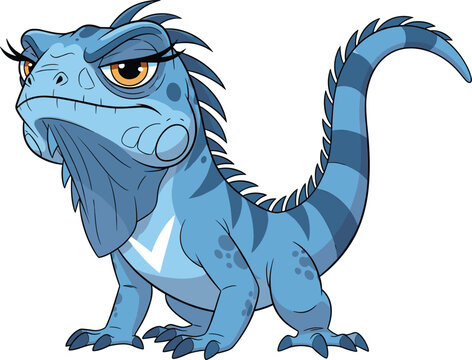 Detailed vector illustration of a grumpy blue iguana character with a large dewlap and striped tail