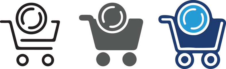 Shopping cart with coin icon set featuring minimalist outline, solid glyph, and creative blue duotone styles for e-commerce, digital payment, and retail business finance apps or websites. © MDLovely