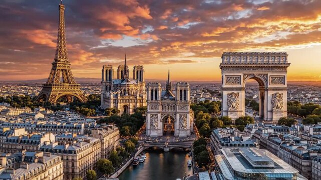 Sunset over Paris with Eiffel Tower Arc de Triomphe and Cathedral