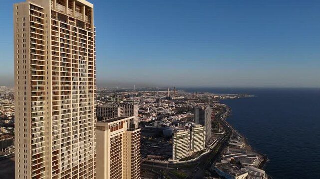 Jeddah Skyline & Waterfront Aerial 4K: Modern Bride of the Red Sea. A Symbol of Saudi Vision 2030, Progress & Prosperity for National Day, Founding Day & Expo 2030.