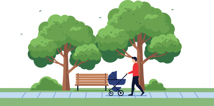 Young father pushing a blue baby stroller while walking through a beautiful public park with green trees and a bench