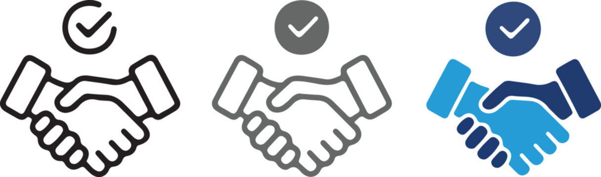 Handshake icons set with check mark for business deal, partnership agreement, trust and success. Vector illustration on transparent background.