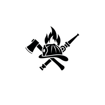Firefighter Helmet Axe and Hose Symbol.