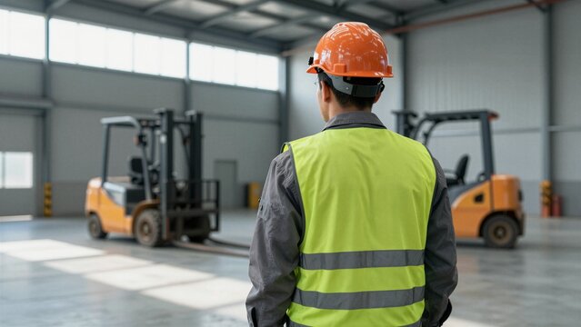A factory safety officer in an orange hard hat and high-visibility vest monitors the environment, with forklifts in a large warehouse. Selected focus.