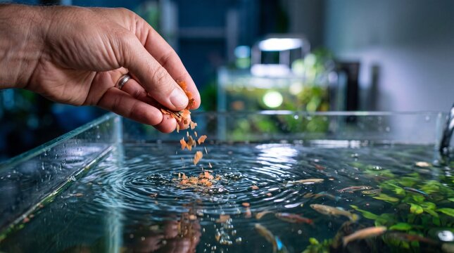 hand feeding goldfish in clear aquarium with natural sunlight reflection