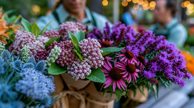Vibrant colorful native plant market stall, bundles of milkweed, coneflower, and ironweed tied in kraft paper, seller arranging display in dappled spring light, ideal for pollinator gardening, local