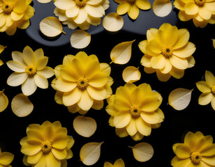 Obraz premium Golden yellow flowers gently float on a dark, reflective water surface, creating a serene and artistic composition.