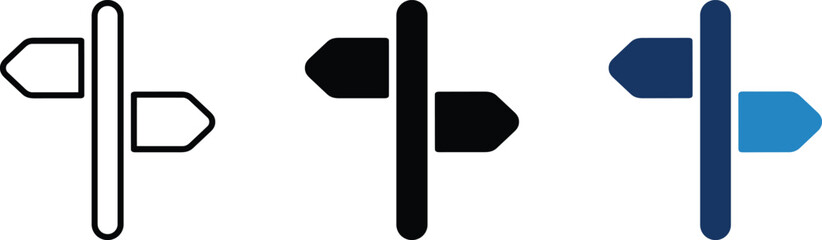 Direction signpost vector icon variants in black and blue flat style, editable navigation and route indicator symbol collection for tourism apps and travel graphics © ArtMint