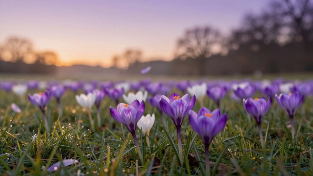 A field of blooming purple and white crocus flowers with dewdrops on grass, soft focus background at sunrise.