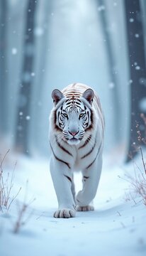 This photo shows a majestic white tiger, often referred to as the ghost of the north or hunter on the ice, walking through a snow-covered forest that resembles a blizzard