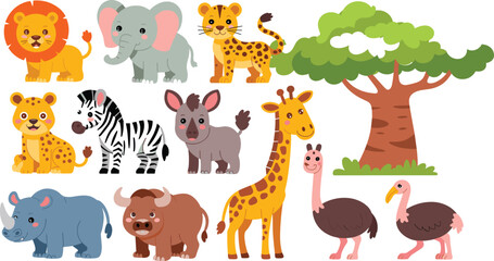 Wild Animal Collection Featuring Lion, Elephant, Giraffe, Rhino, Zebra, and Tree for Kids’ Illustrations and Safari Designs © Rownok