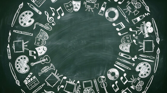 Creative arts and entertainment symbols arranged in a circular frame on a chalkboard background