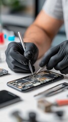Fototapeta premium Male technician repairing a smartphone with precision tools in a modern workspace.