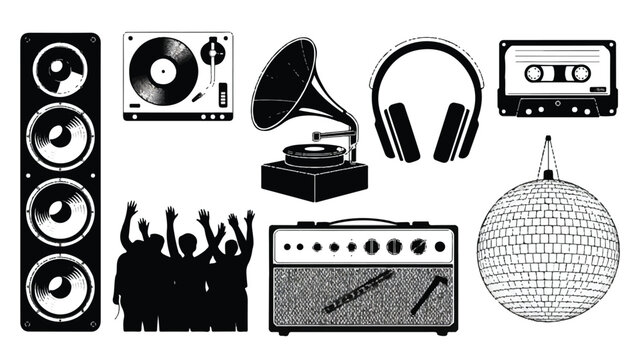 Music icons including speakers headphones amplifier gramophone and disco ball on white background