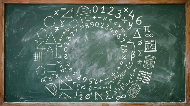 Abstract spiral arrangement of mathematical symbols and numbers on a green chalkboard