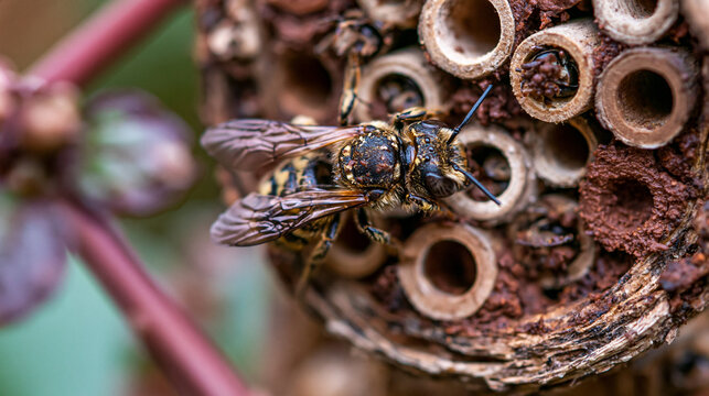 Close up of bee hotel cross section mounted on garden fence, mason bees entering and sealing chambers with mud, detailed natural architecture of nesting tubes visible, ideal for native bee habitat, 