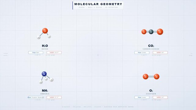 Molecular Geometry VSEPR Ball and Stick 3D Rotation Diagram with Water Carbon Dioxide Ammonia Oxygen