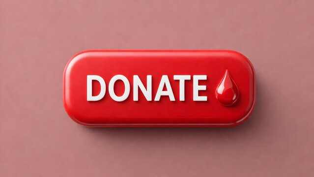 Red donate button with a blood drop on a pink background for charity or health campaigns