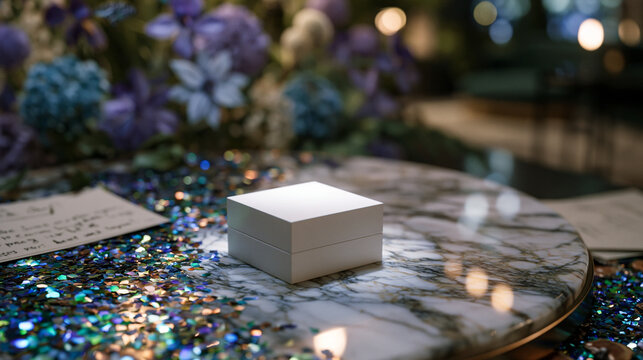 Crisp white product packaging rests on a sleek marble surface under a single spotlight, surrounded by scattered launch day confetti and handwritten press notes, vibrant spring colors in the backgrou