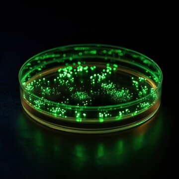 Bioluminescent green bacteria glowing in laboratory petri dish on dark background microbiology science research concept