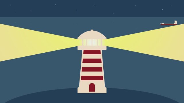 Animierte Illustration eines blinkenden Leuchtturms bei Nacht auf dem Meer mit vorbeifahrendem Frachtschiff 