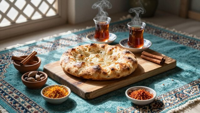 A steaming loaf of traditional khobz bread on a wooden board, accompanied by hot spiced tea in glass cups. 