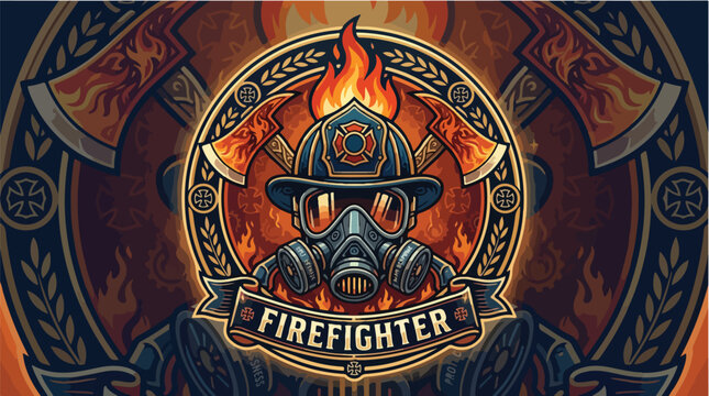 Digital illustration of a firefighter emblem with a helmet and mask surrounded by flames and axes on a dark background with orange hues.