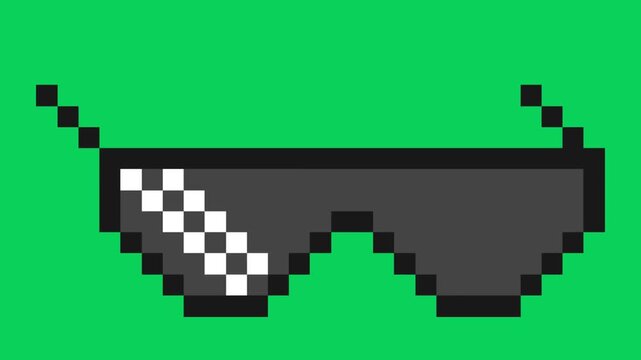 8-bit pixel art "Deal With It" sunglasses animation on green screen background, featuring retro black pixelated eyewear with white glare reflections for internet memes, gaming culture, and viral video