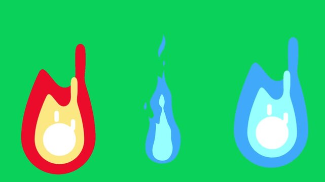 Set of animated flat 2D fire flames featuring traditional red and blue gas fire effects on a green screen background, designed with clean vector lines for motion graphics, gaming assets, and cartoon v