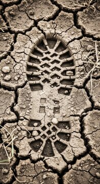 Weathered Military Bootprint Embedded in Cracked Dry Mud