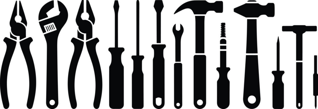 Comprehensive hand tools silhouette icon set featuring pliers wrenches screwdrivers hammers and repair equipment for industrial use