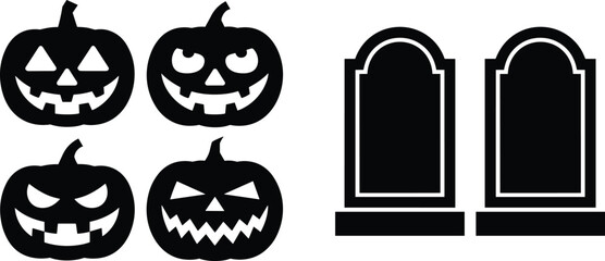Obraz premium Halloween icon set featuring carved pumpkin jack o lantern faces and tombstone silhouettes for spooky seasonal design