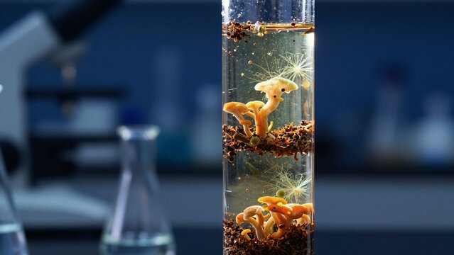 A close-up of a transparent test tube containing layers of soil and mushrooms, representing ecological research. The background shows laboratory equipment with soft focus.