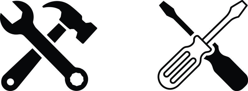 Hand tools icon set featuring wrench hammer and crossed screwdriver symbols in solid and outline styles for repair design