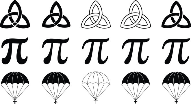 Symbol icon set featuring triquetra knot pi sign and parachute silhouettes in line and solid styles