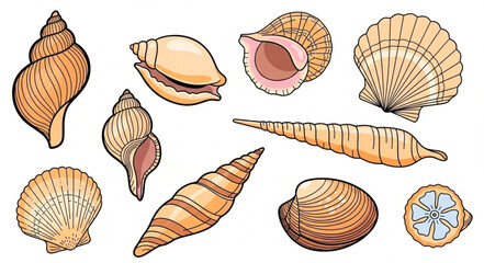 Collection of various seashells and marine shells. © Malik