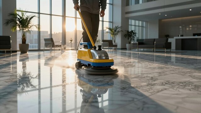 A person operating a floor polisher on a shiny marble lobby floor in a modern building with large windows.