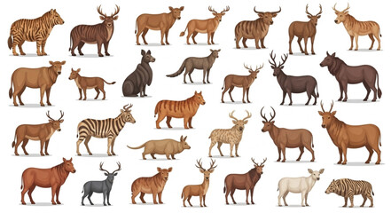 Fototapeta premium Collection of various wild animals standing on white background.