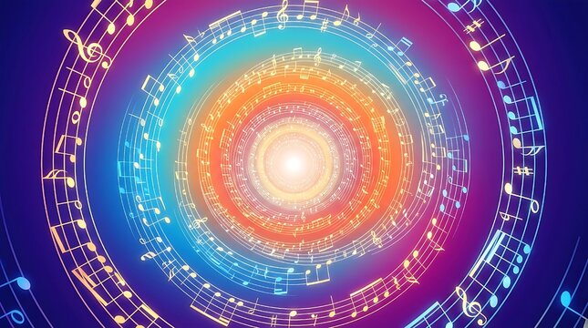 abstract music notes forming vibrant circular pattern with glowing center